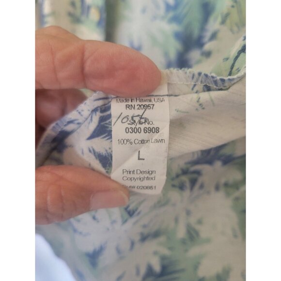Tori Richard Hawaiian Shirt Mens L Cotton Lawn Tropical Button Up Palms Blue Gre - Picture 9 of 11
